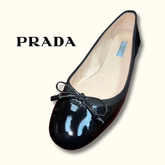 Prada Black Patent Bow Accent Ballet Flats Size IT 39 - Picture 1 of 8